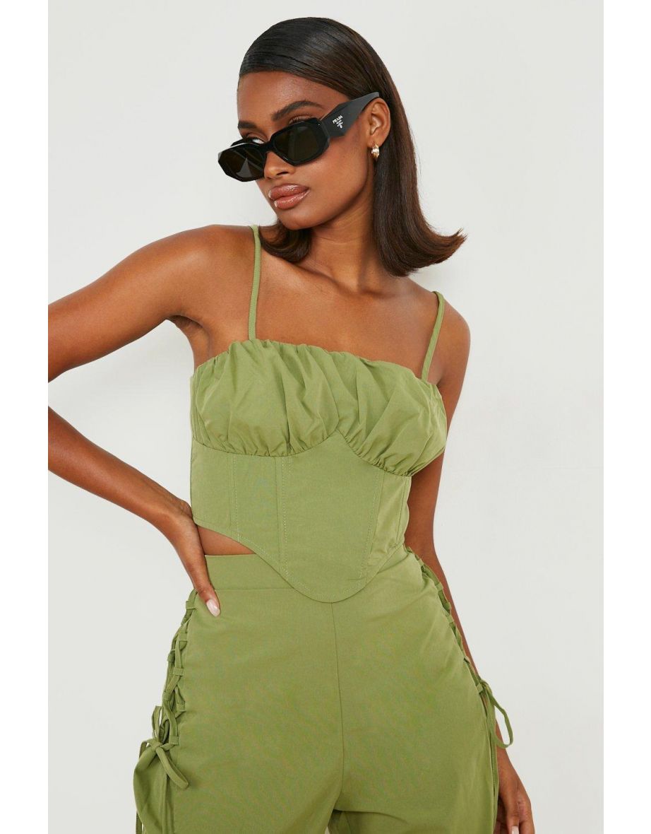 Ruched Cup Lace Up Back Corset - khaki