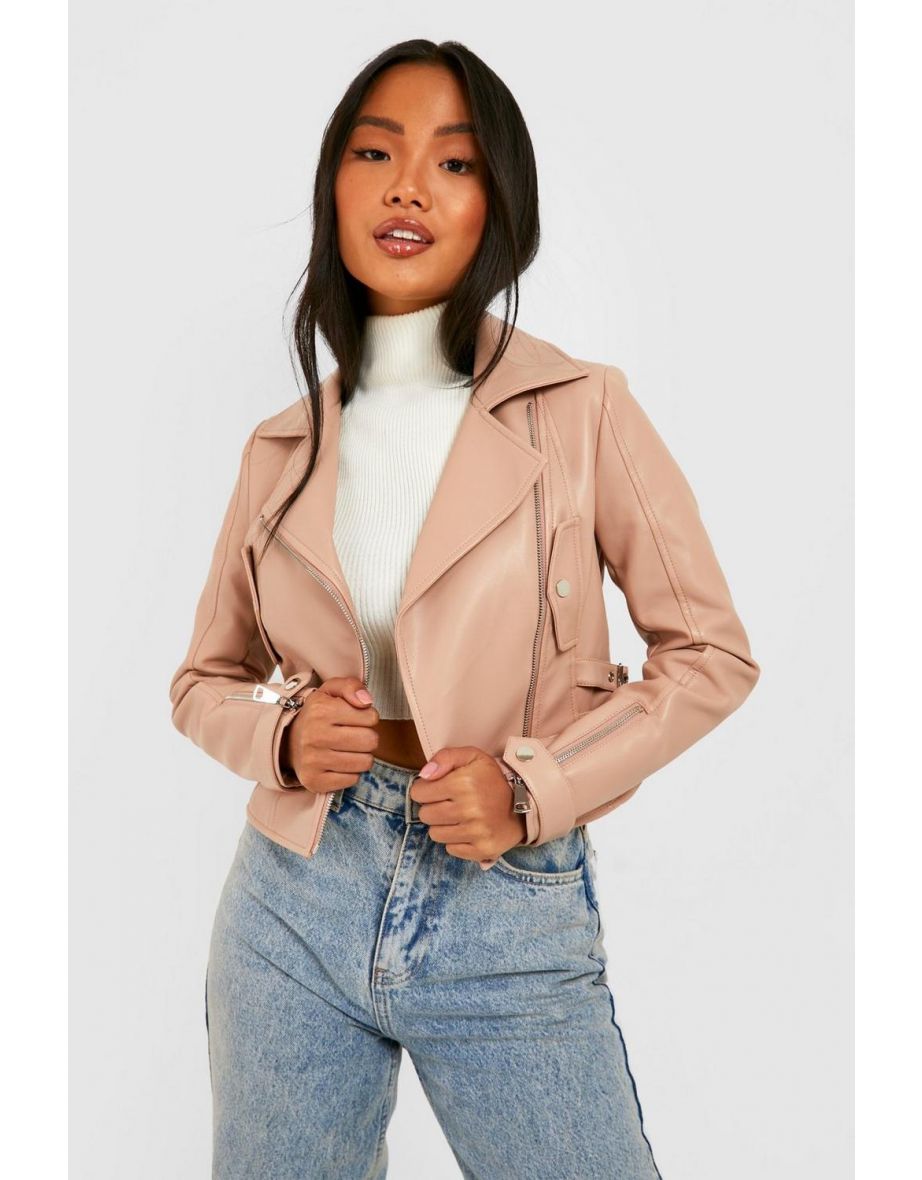 Petite Belt Detail Faux Leather Biker Jacket - nude - 3