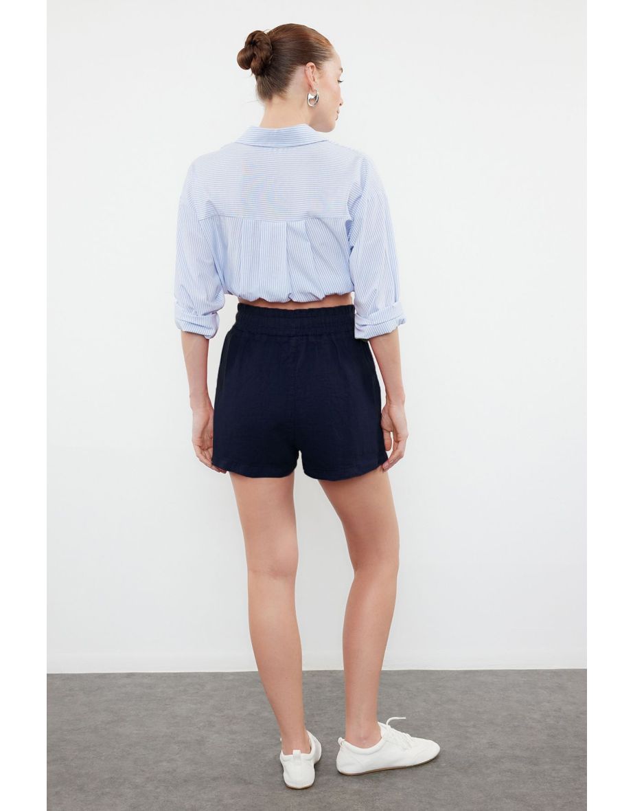 Navy Blue 100% Linen Elastic Waist High Waist Shorts - 4