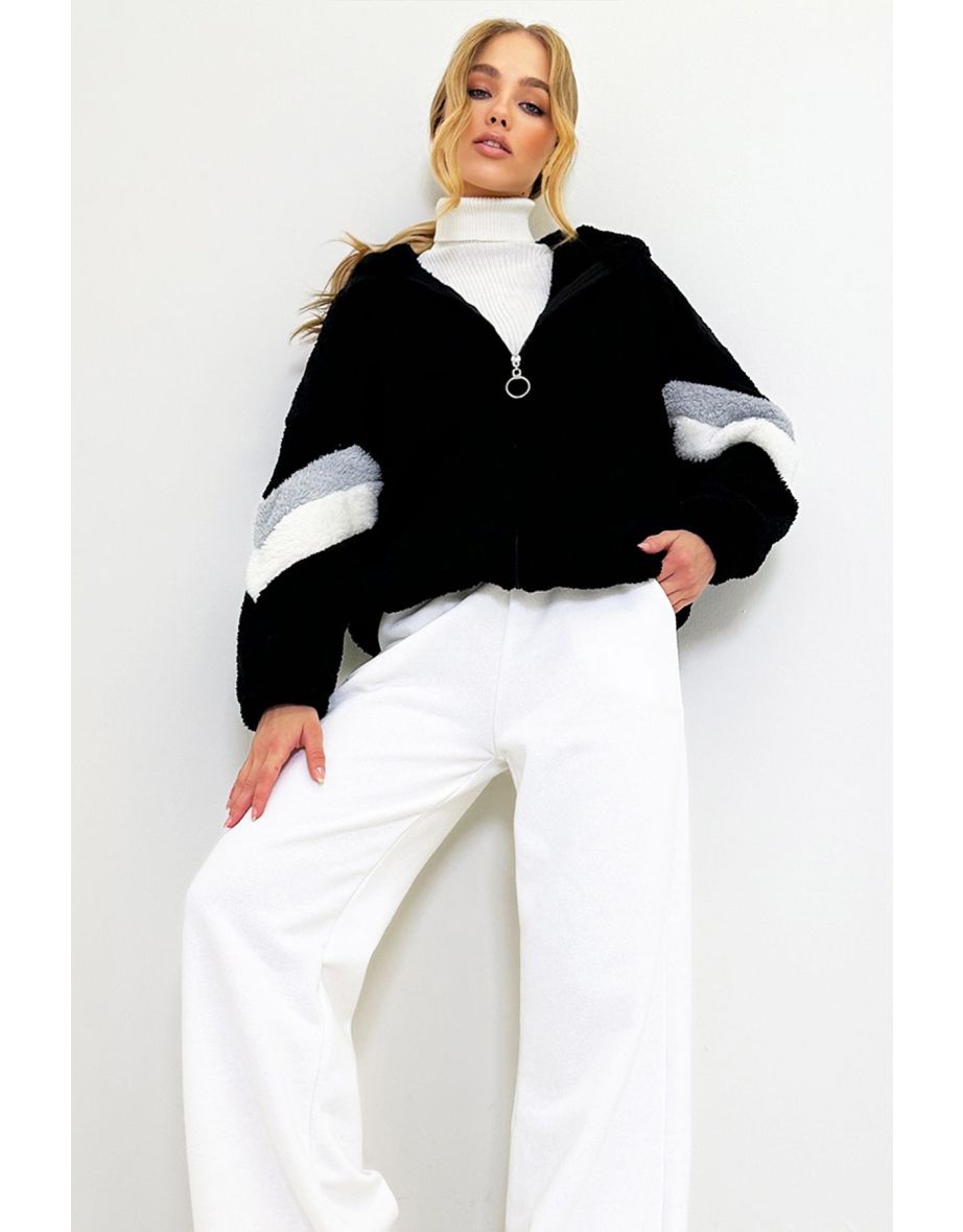 Women's Black-Grey Hooded Zippered Sleeves Color Block Oversized Plush Sweatshirt