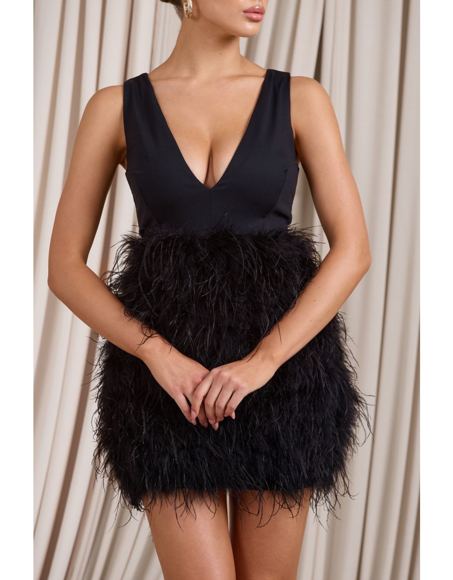 Flirt | Black Plunge Front Mini Dress With Feather Skirt - 4