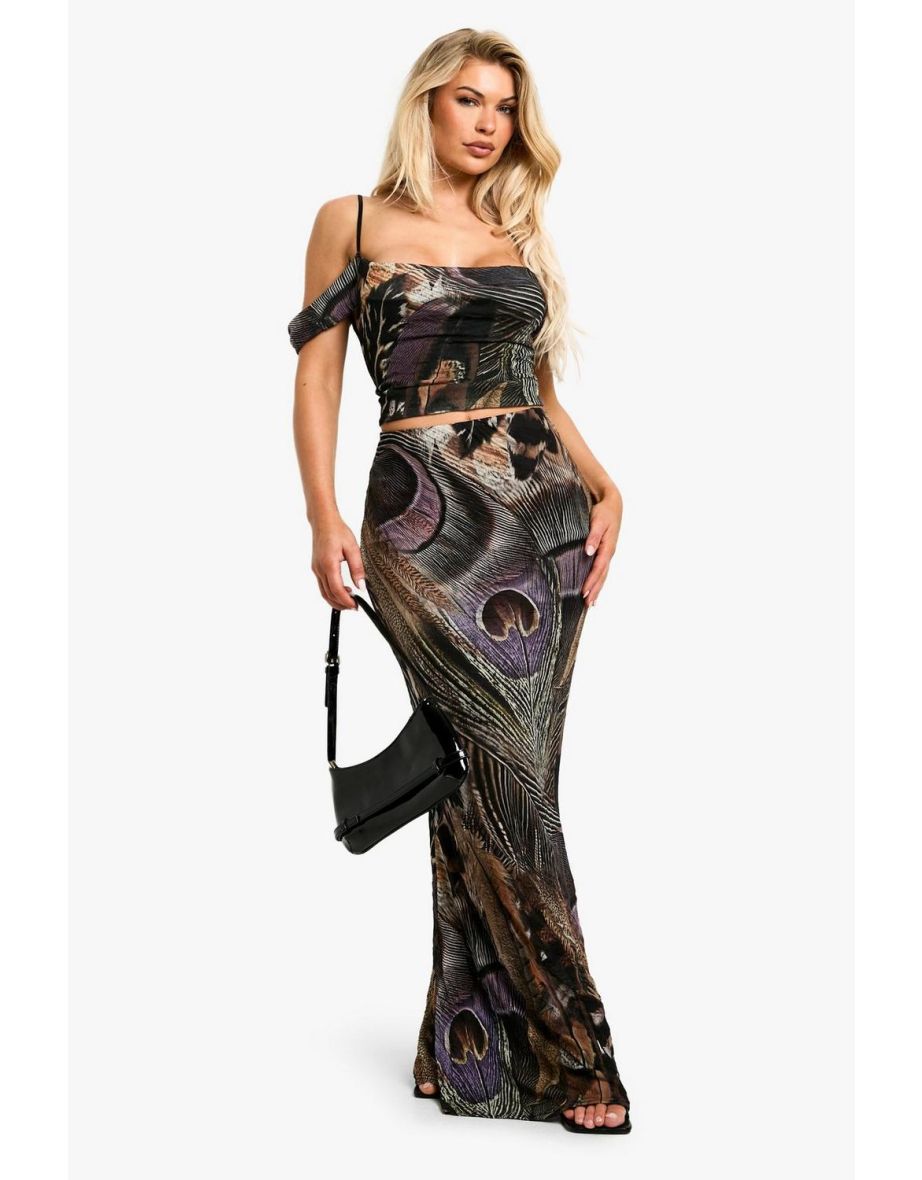 Crushed Mesh Peacock Feather Printed Cowl Neck Top - multi
