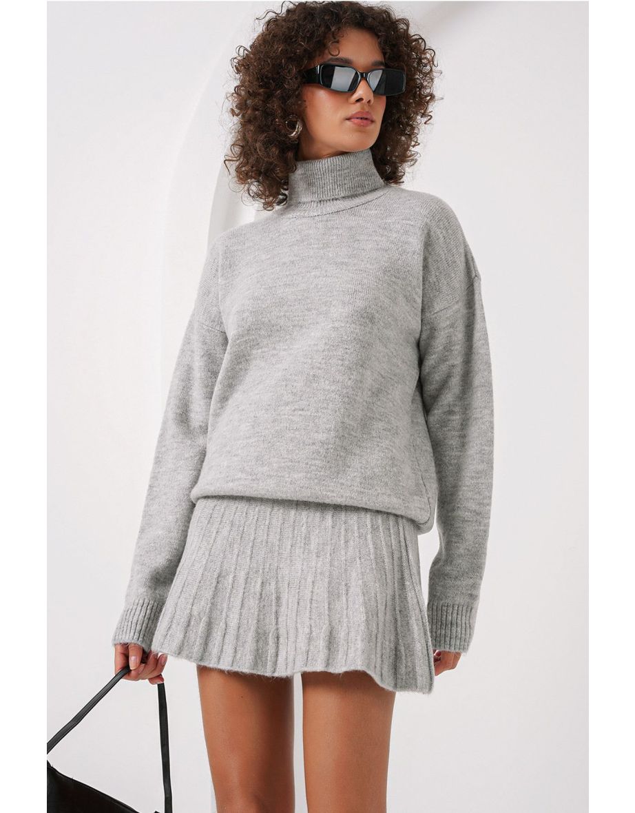 Sweater Skirt Knitwear Two Piece Set - Gray