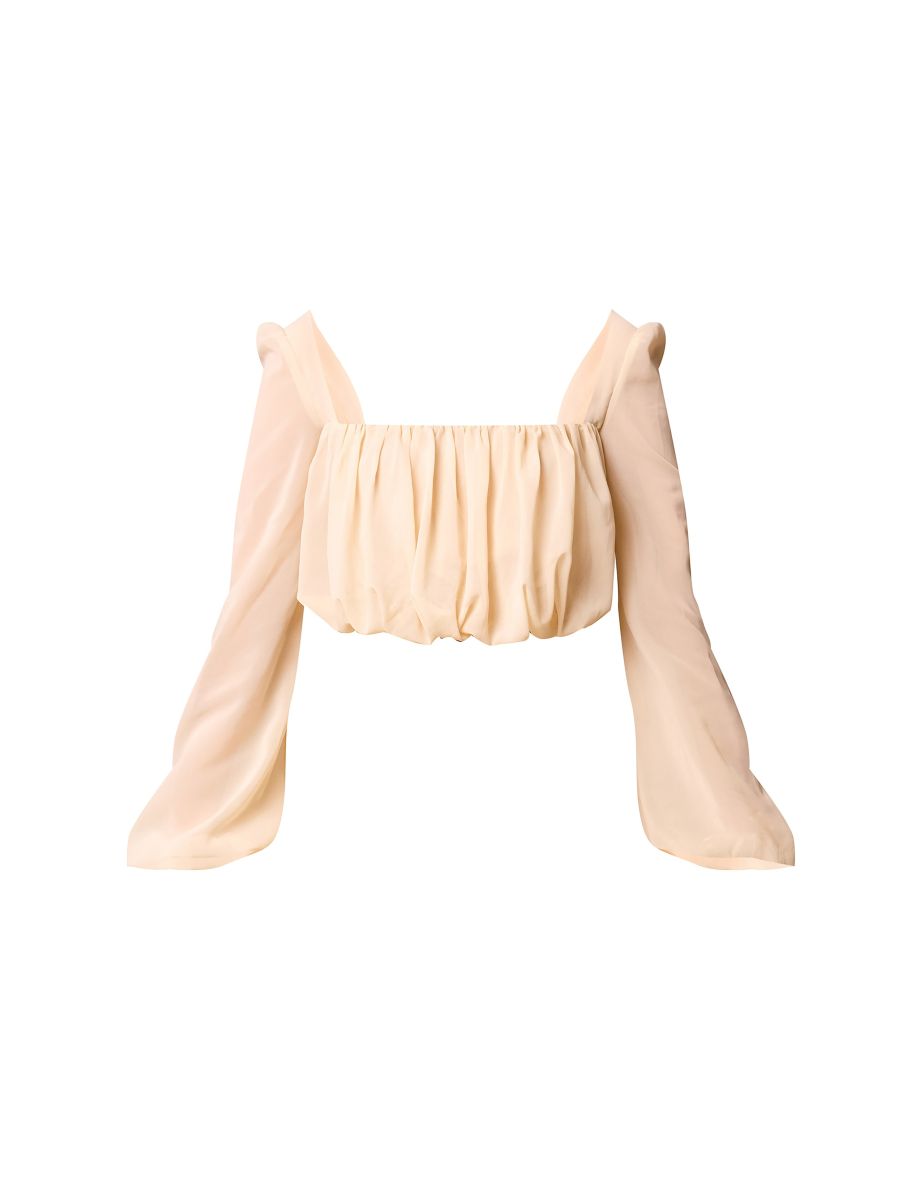 Almond Chiffon Ruched Long Sleeve Blouse - 4