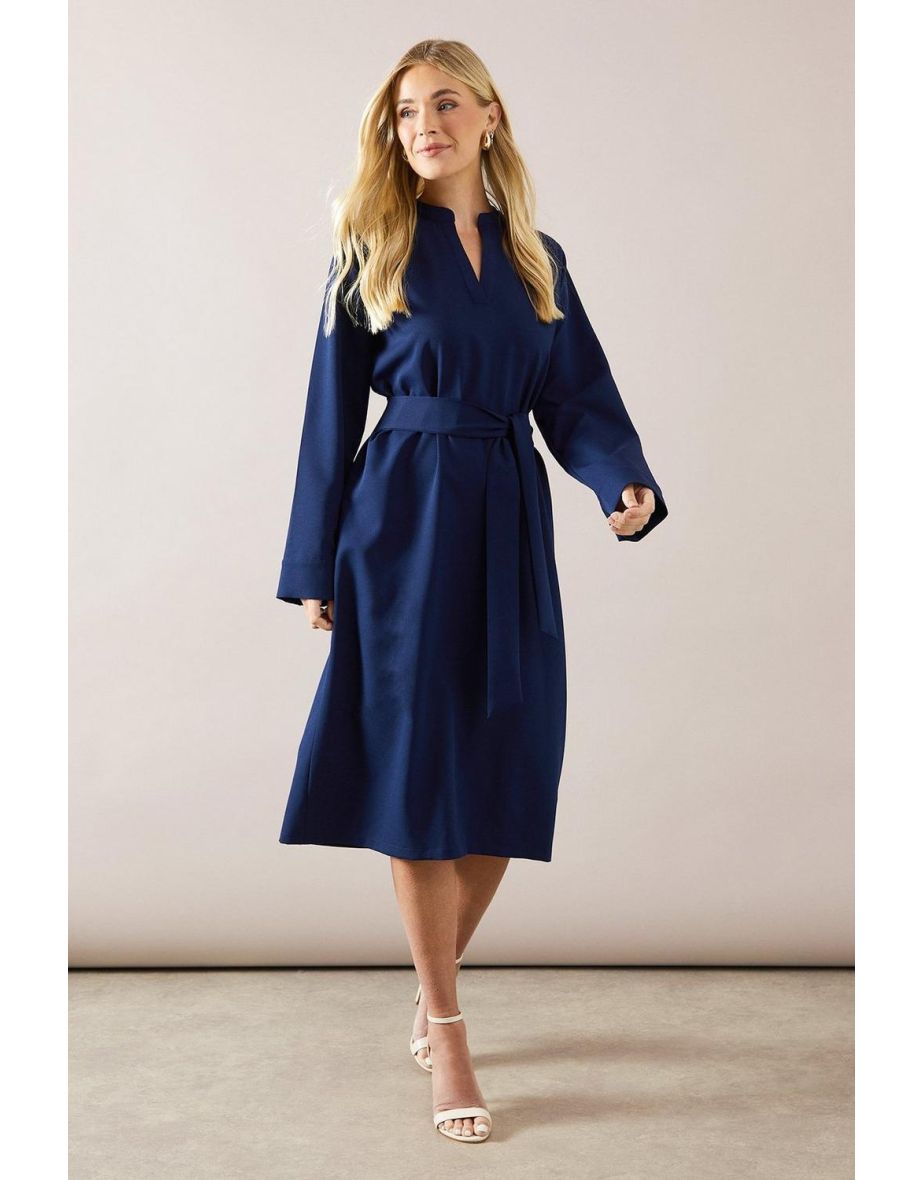 Petite Collared Long Sleeve Tie Waist Midi Dress