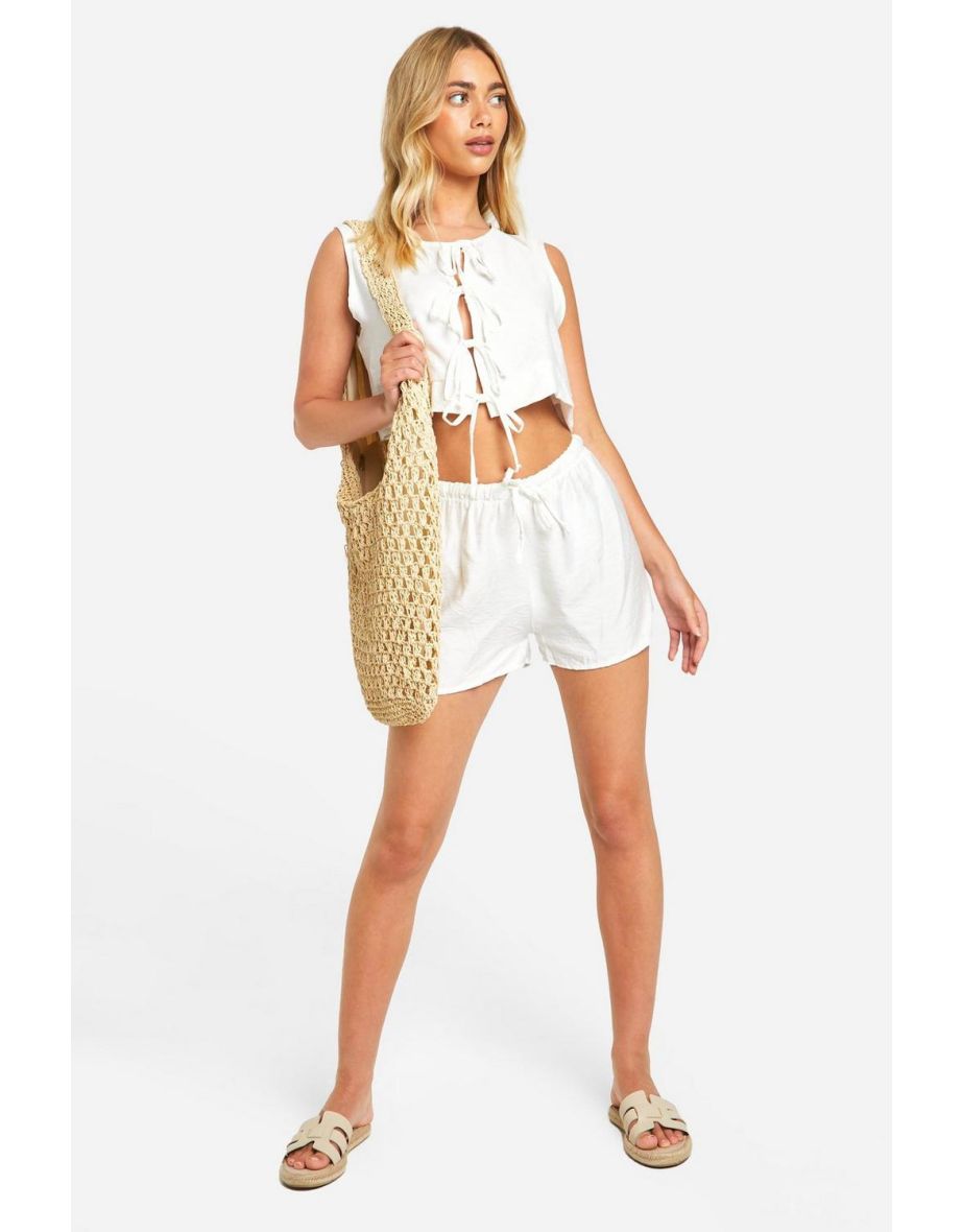 Linen Look Tie Front Sleeveless Blouse & Flippy Shorts