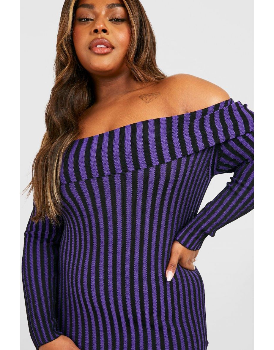 Plus Two-Tone Rib Bardot Jumper Dress - purple - 3