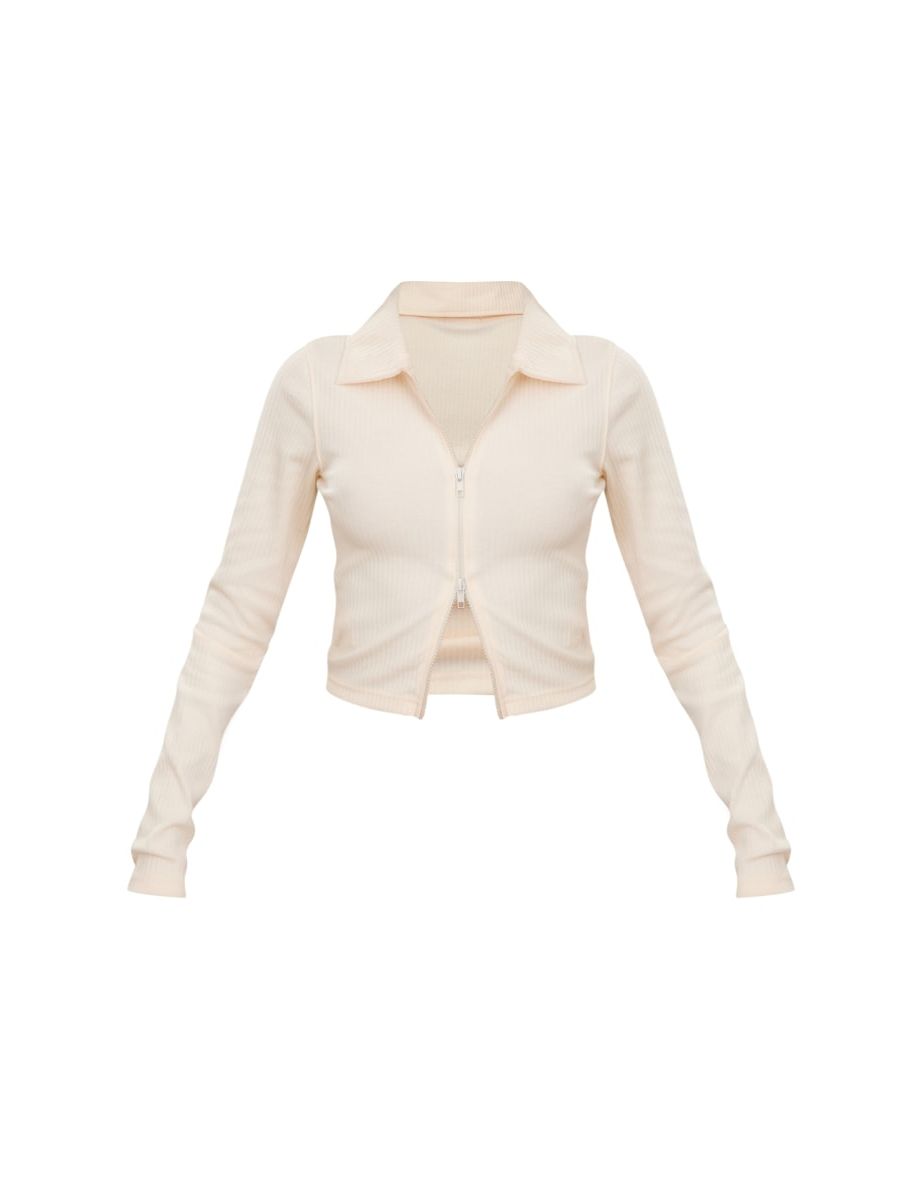 Cream Jumbo Rib Collar Double Zip Top - 4