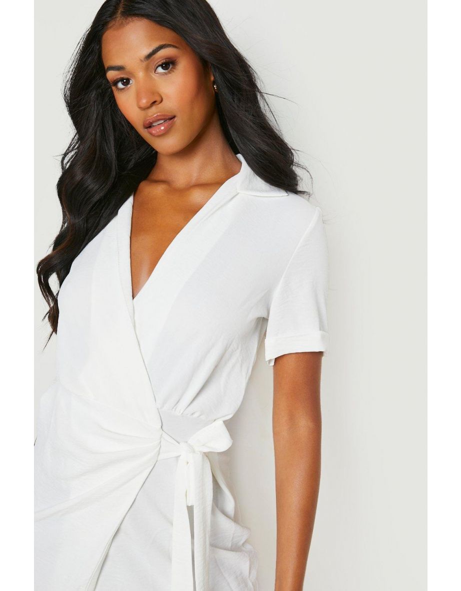 Tall Wrap Crinkle Collard Detail Mini Dress - white - 3