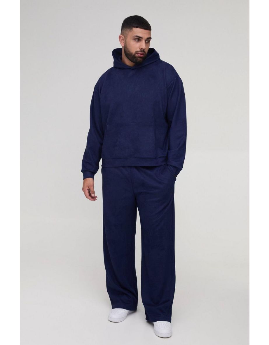 Plus Oversized Boxy Hooded Faux Suede Relaxed Tracksuit