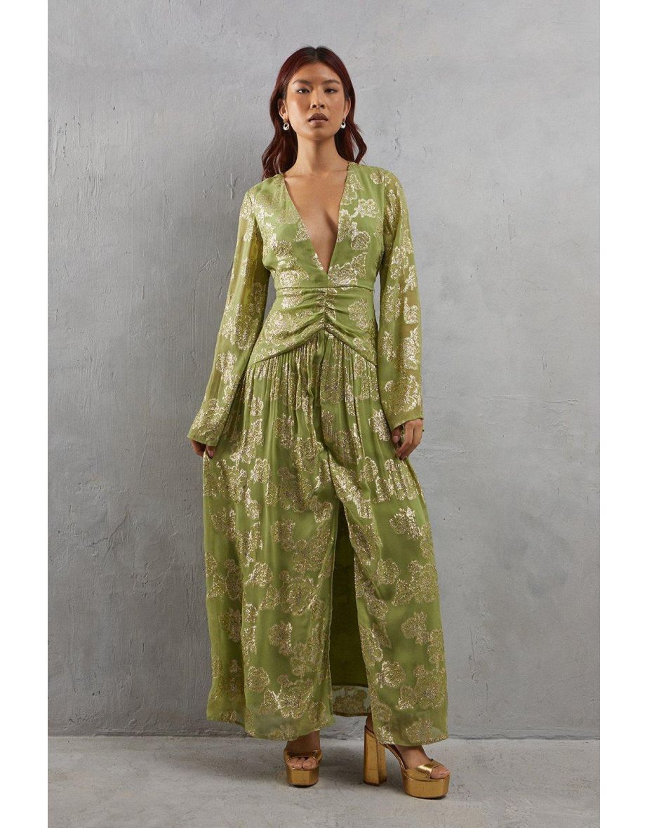 Metallic V Plunge Maxi Dress