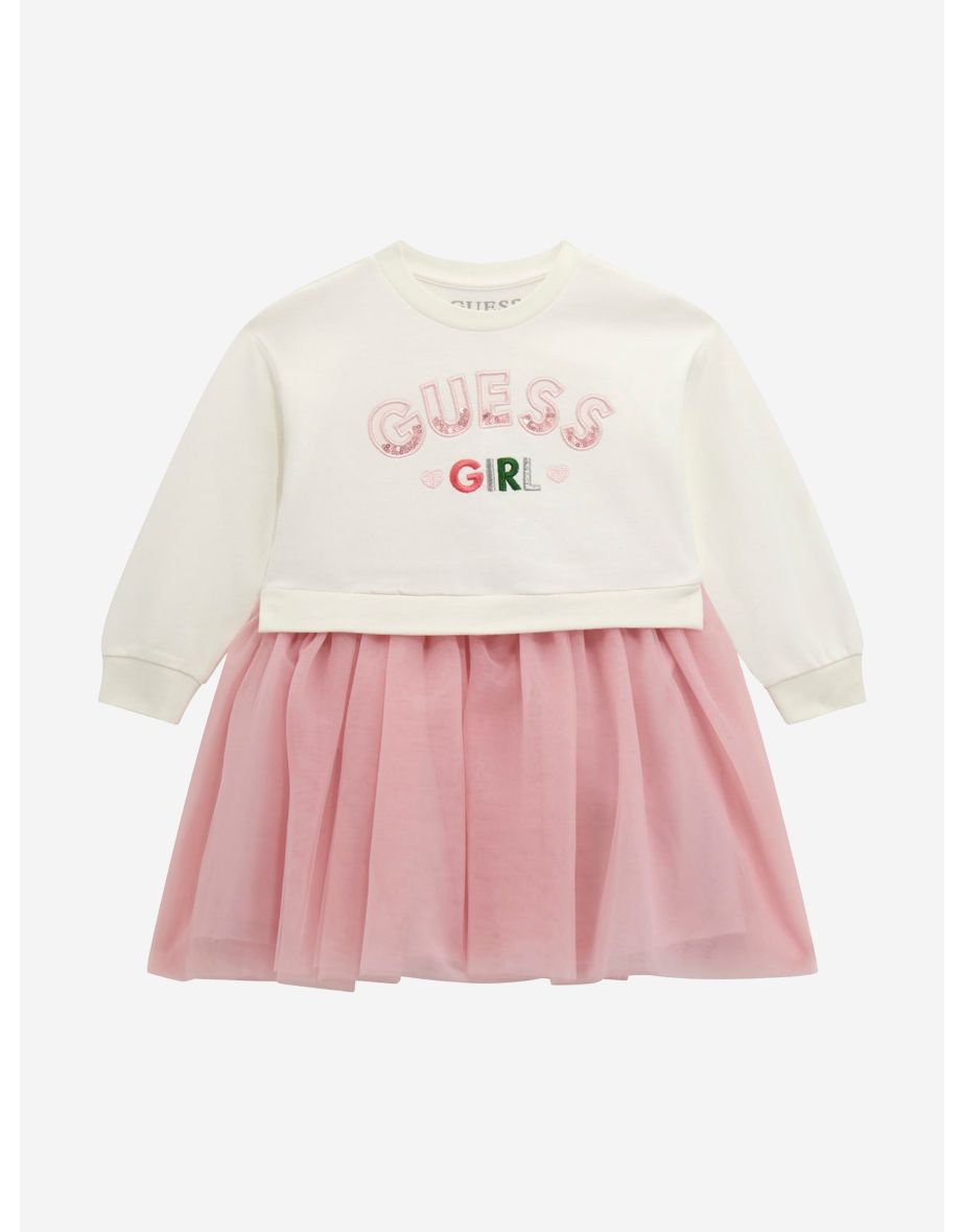 Girls Mixed Fabric Sweater Dress in White