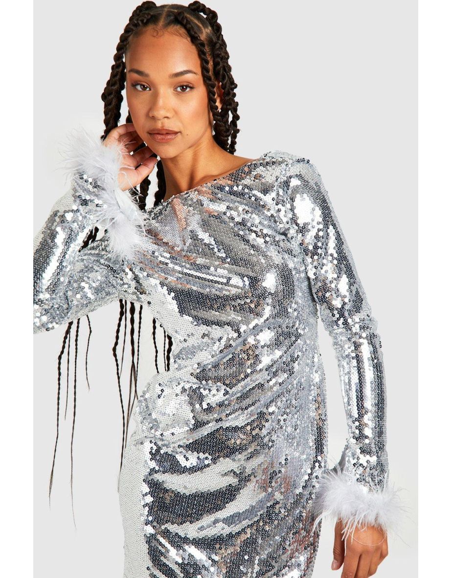 Tall Sequin Fluffy Feather Trim Mini Dress - 3