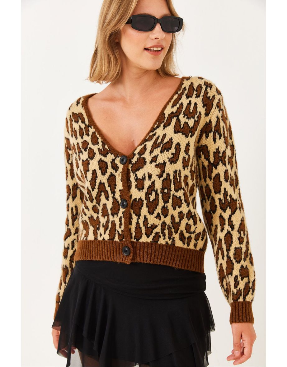 Women's V-Neck Leopard Patterned Three-Button Knitwear Cardigan - 7