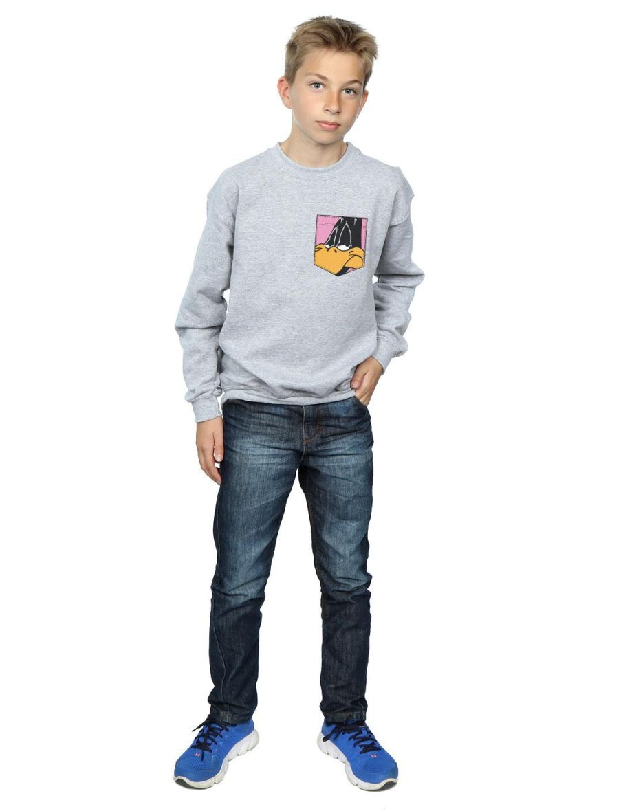 Looney Tunes Boys Daffy Duck Face Faux Pocket Sweatshirt - Sports Grey - 3