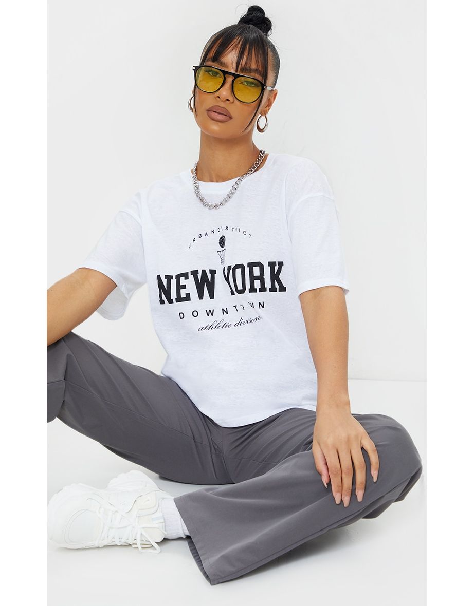 White New York Downtown Slogan Printed T Shirt
