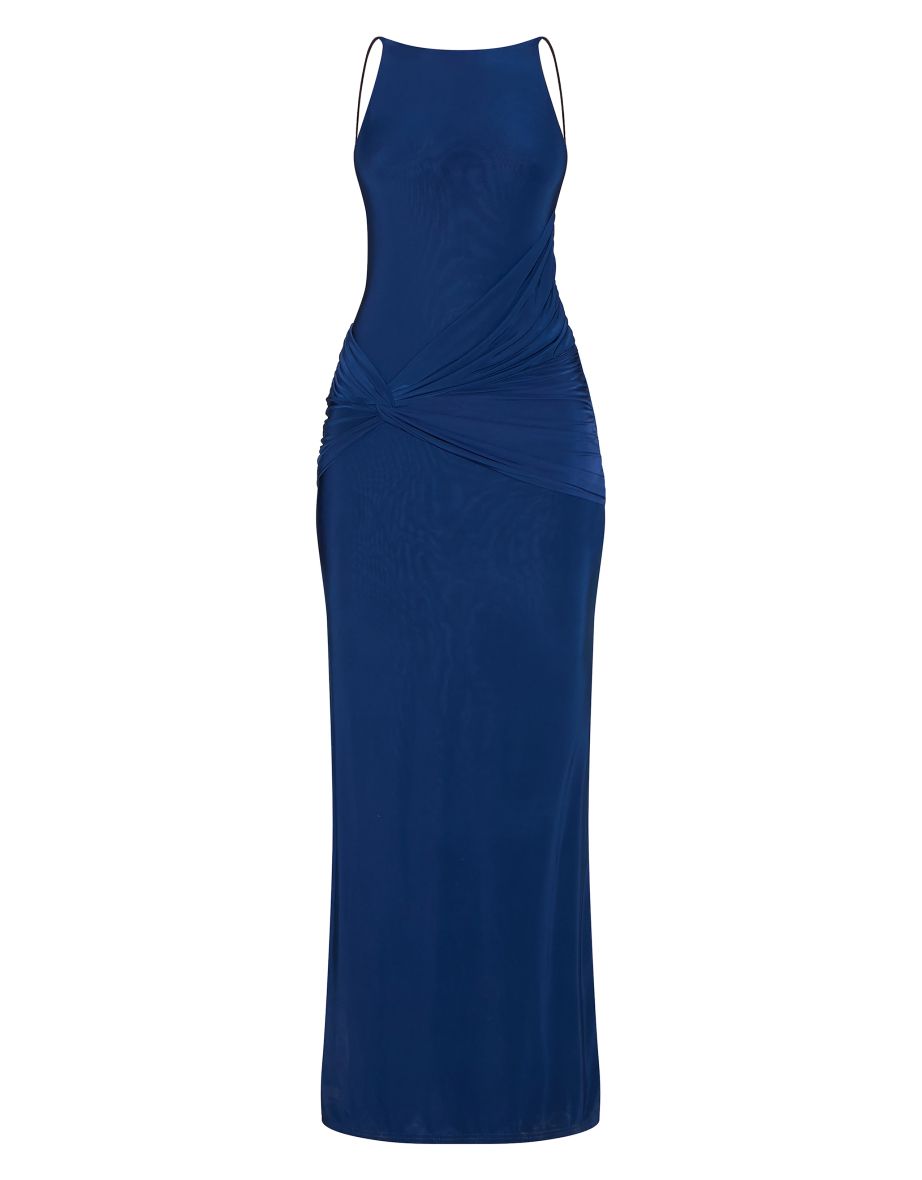 Navy Double Layer Slinky Twited Front Halter Neck Maxi Dress - 4