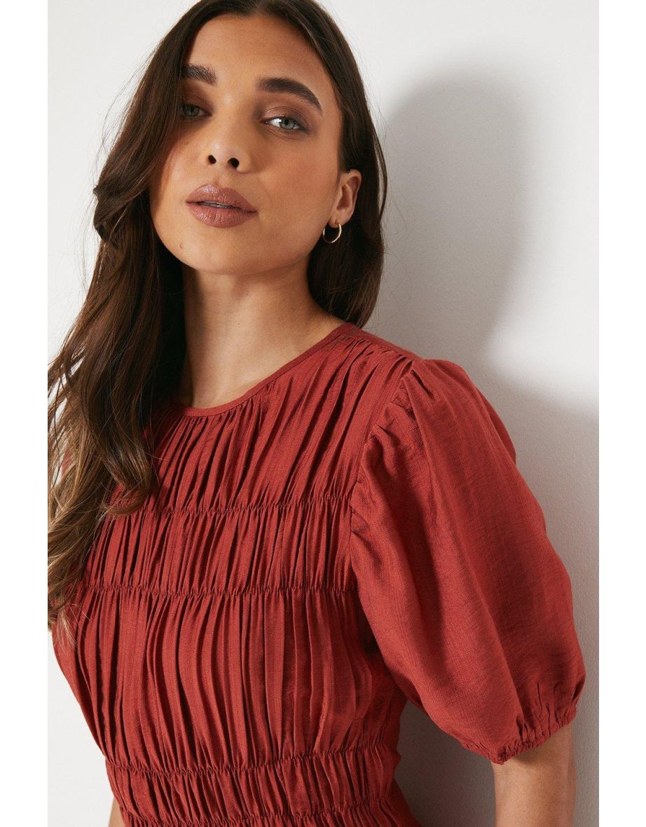 Petite Shirred Bodice Puff Sleeve Midi Dress - 3