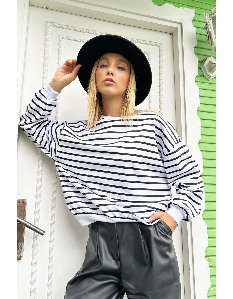 Women's White Black Crew Neck Striped Seasonal Oversized Sweatshirt