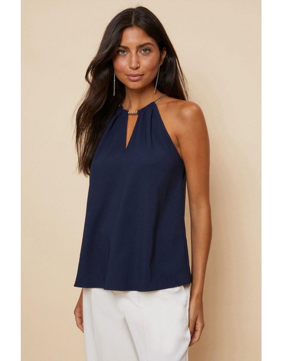 Navy Satin Chain Detail Top