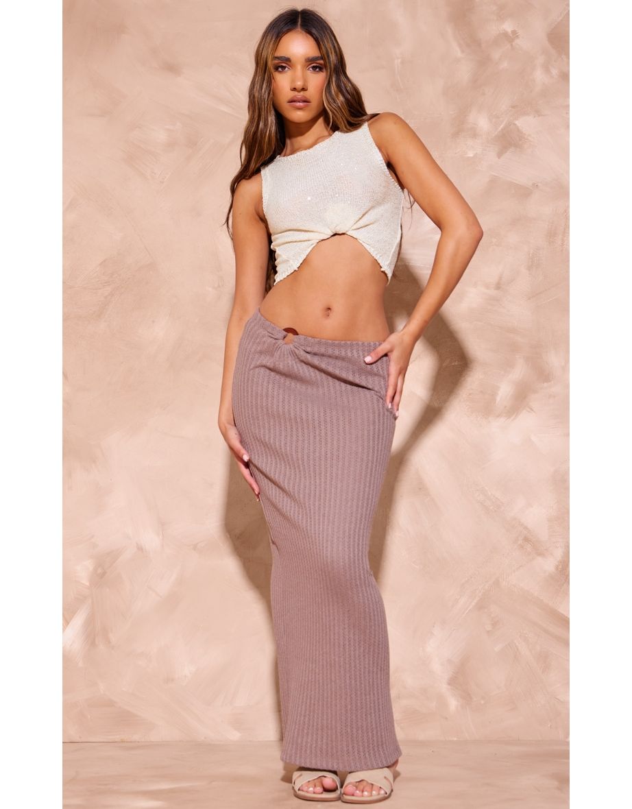 Chocolate Textured Jersey Ring Detail Low Rise Maxi Skirt