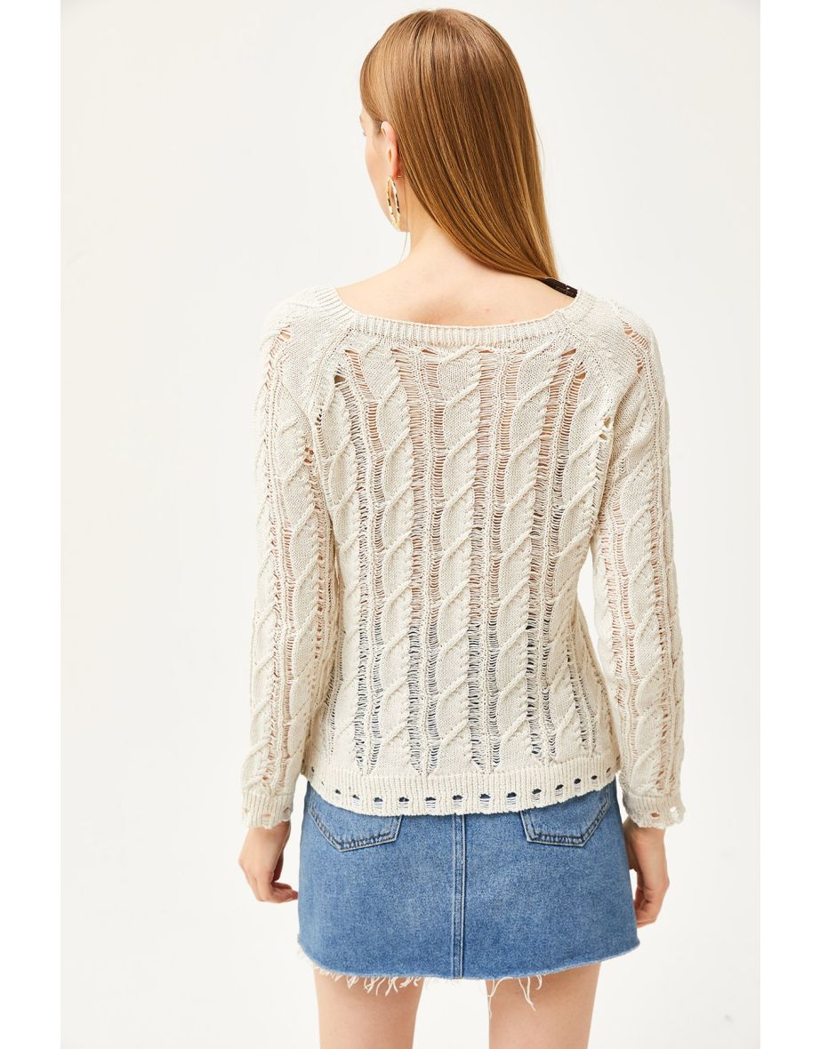 Women's Ecru Hair Knit Detail Seasonal Knitwear Blouse - 5