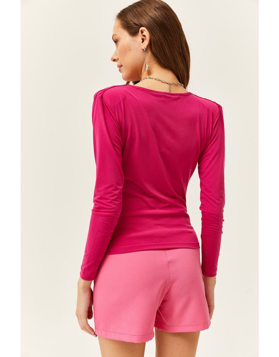 Women's Fuchsia Waistband Pleated Turndown Collar Blouse - 5