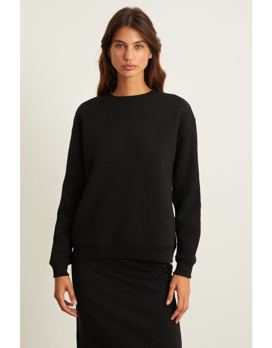 VILI Women's Polar Fleece Oversize Fit Basic Crew Neck Long Sleeve Black Sweatshirt