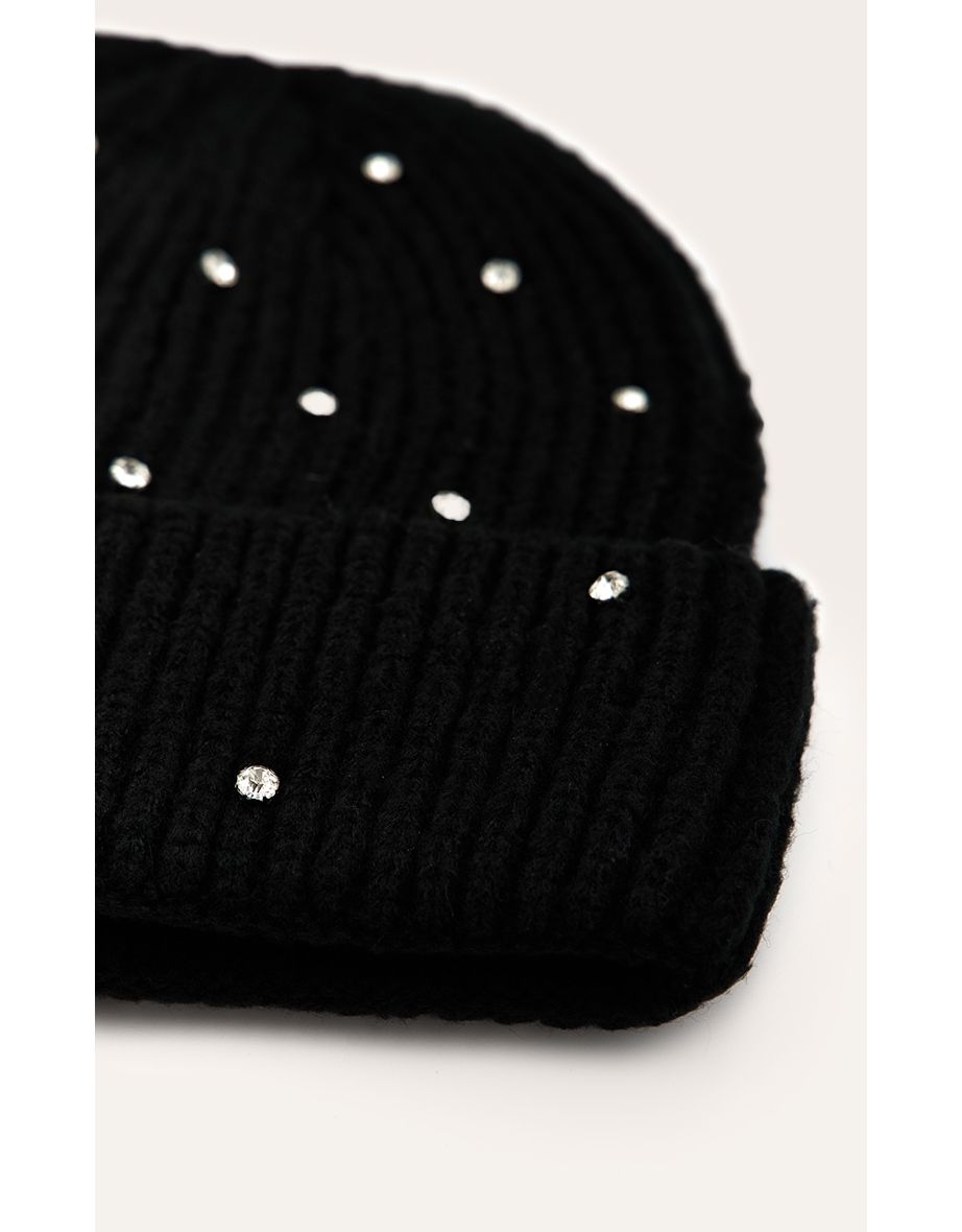 Black Diamante Rib Beanie - 2