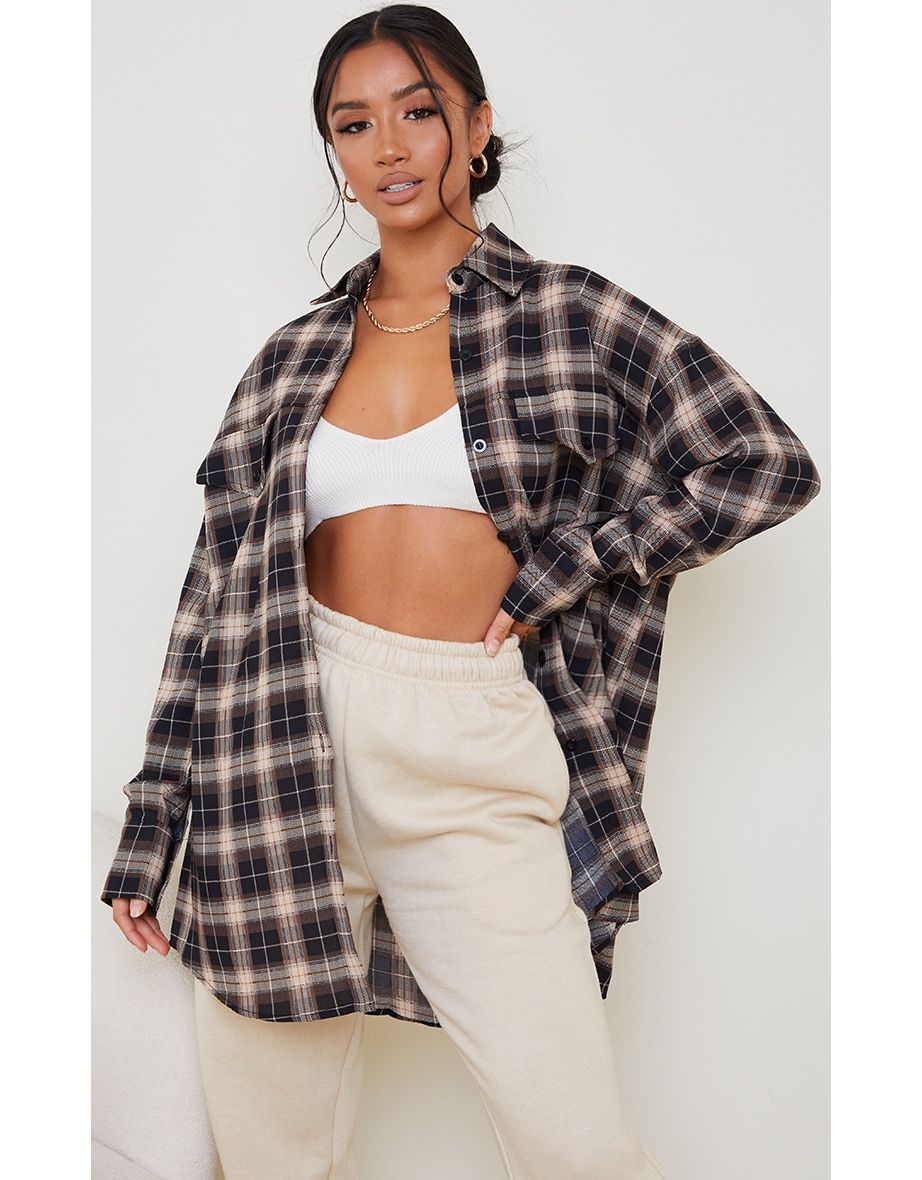 Petite Chocolate Checked Oversized Shirt