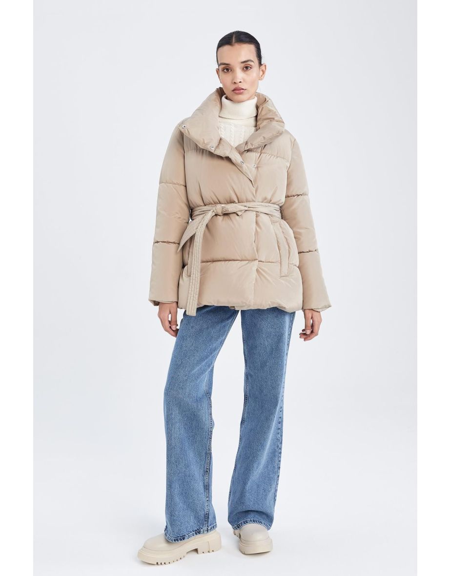 Waterproof Quilted Fabric Belted Coat