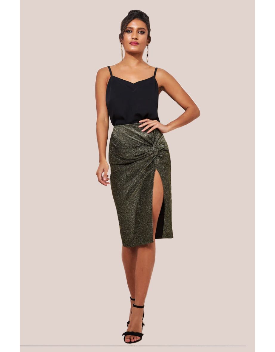 Goddiva Knot Front Thigh Split Midi Skirt - Gold
