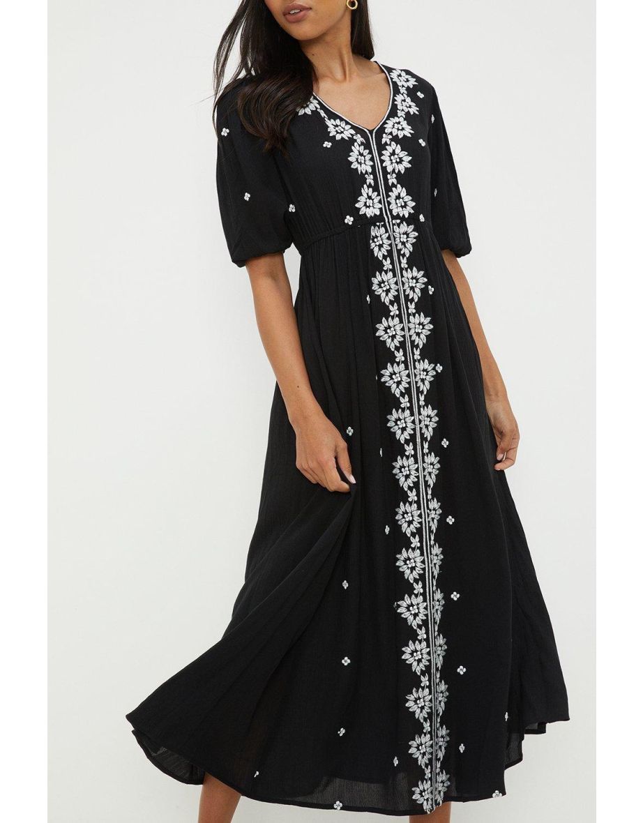 Embroidered  V Neck  Midi Dress - 3