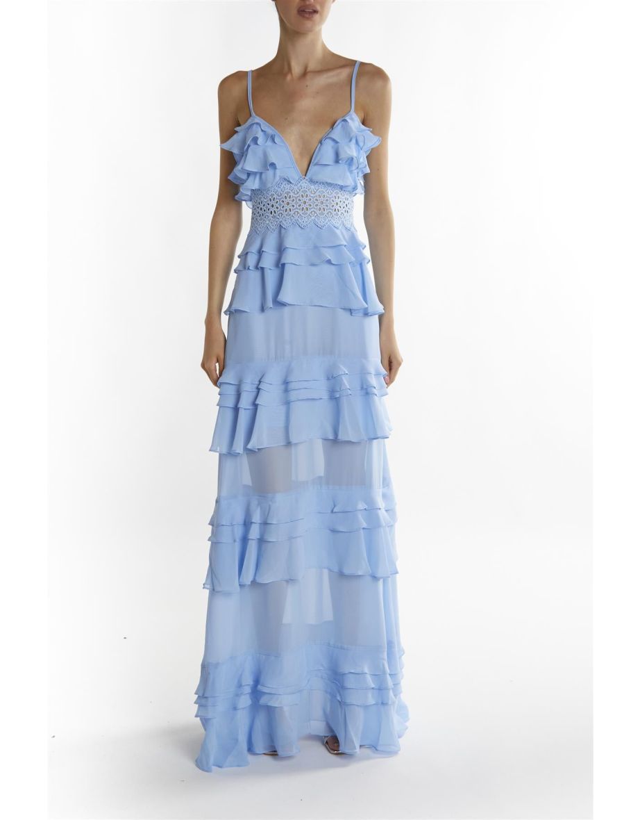 Sky-Blue Sophia Plunge Front Tiered Ruffle Maxi-Dress