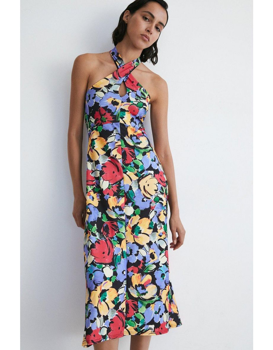 Floral Halter Neck Jersey Crepe Midi Dress