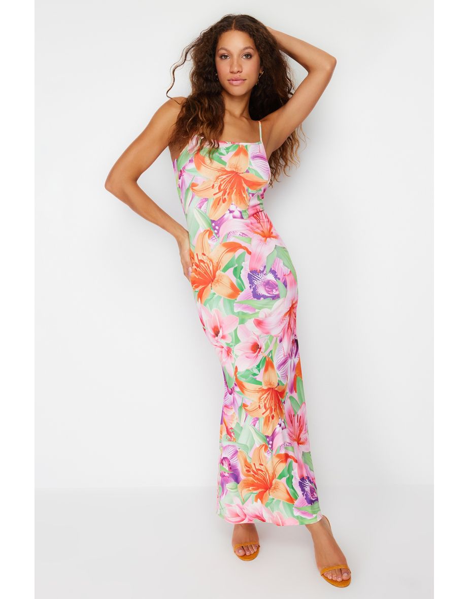 Multi Color Floral Bodycone/Sleeping Strap Maxi Stretchy Knitted Dress