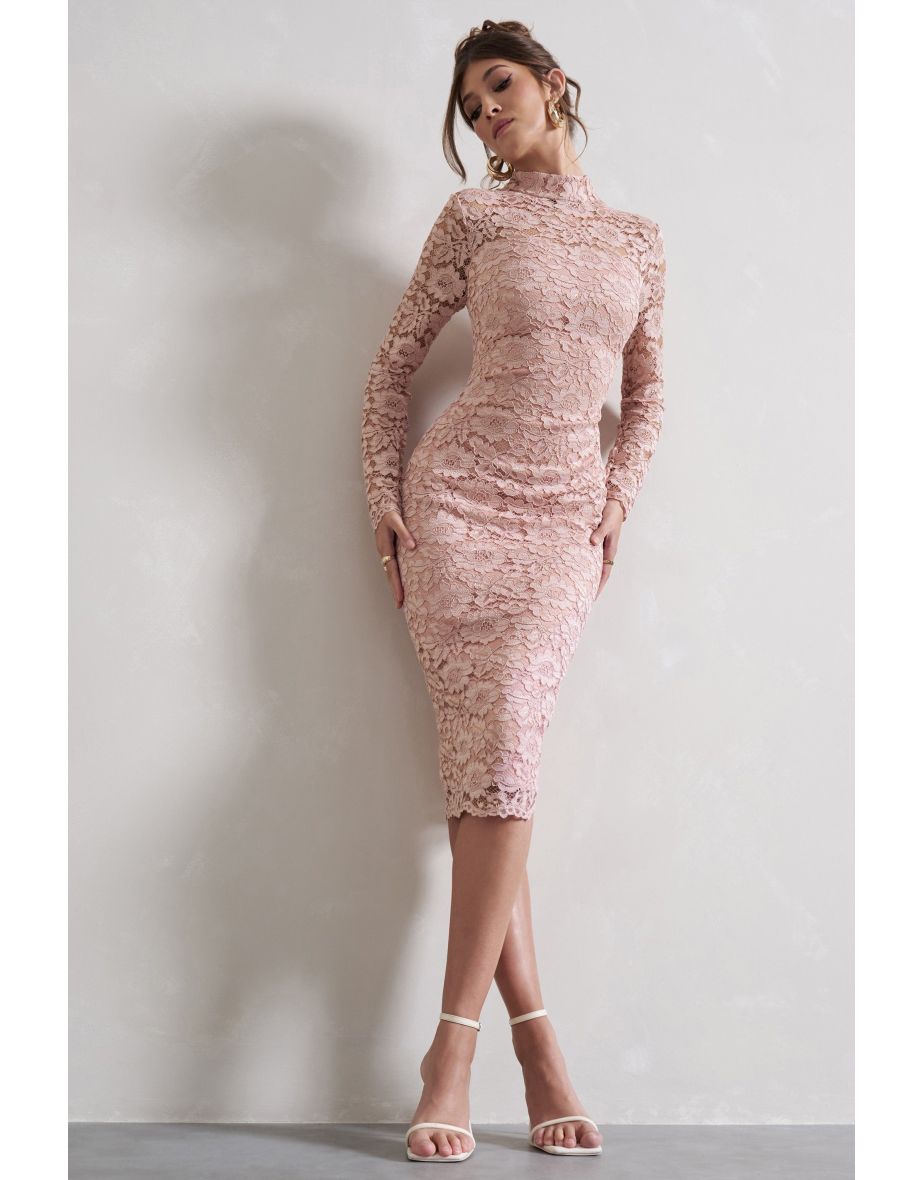 Rumour | Blush Pink Lace High-Neck Midi Dress - 4