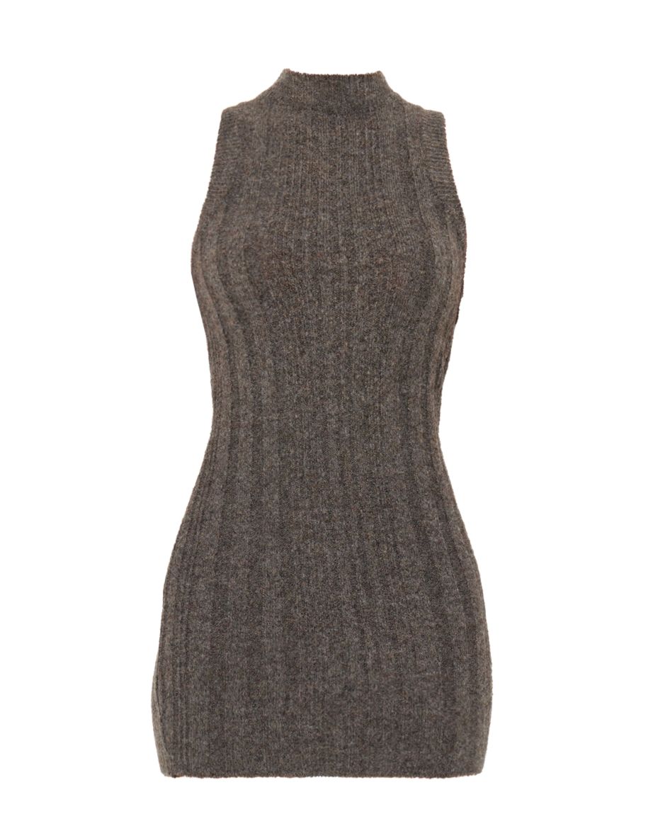 Brown High Neck Knit Mini Dress - 4