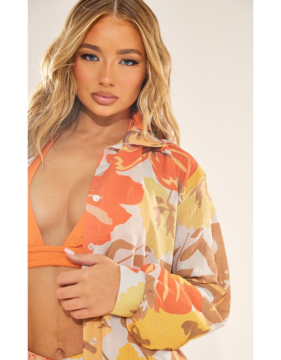 Orange Floral Print Crinkle Textured Oversized Beach Shirt - 3