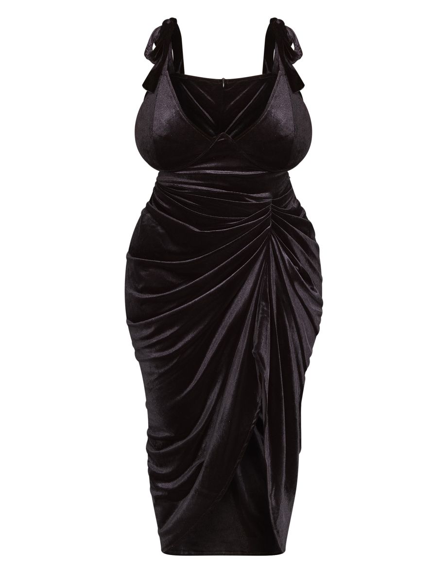 Plus Black Velvet Underwire Detail Draped Dress - 3