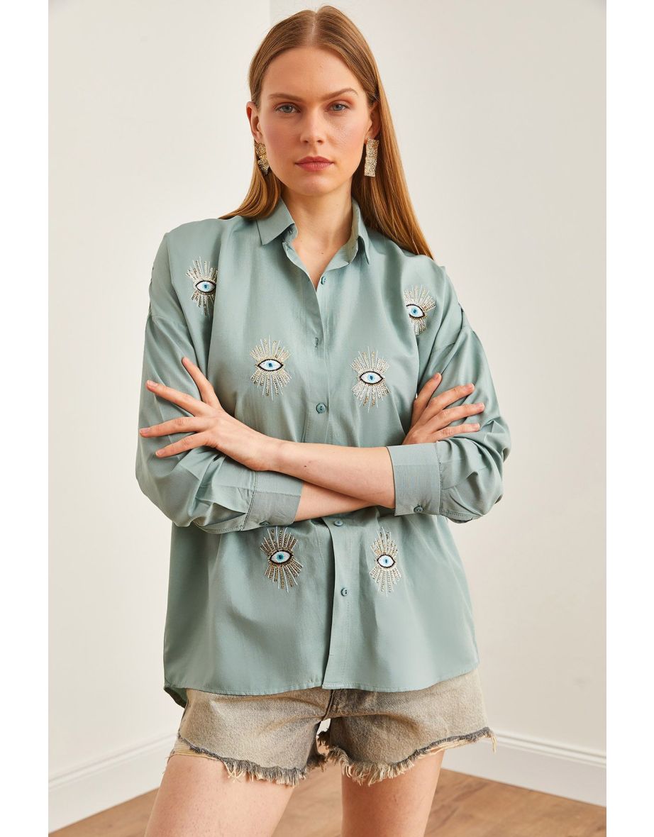 Women's Eye-Green Sequin Detailed Woven Boyfriend Shirt