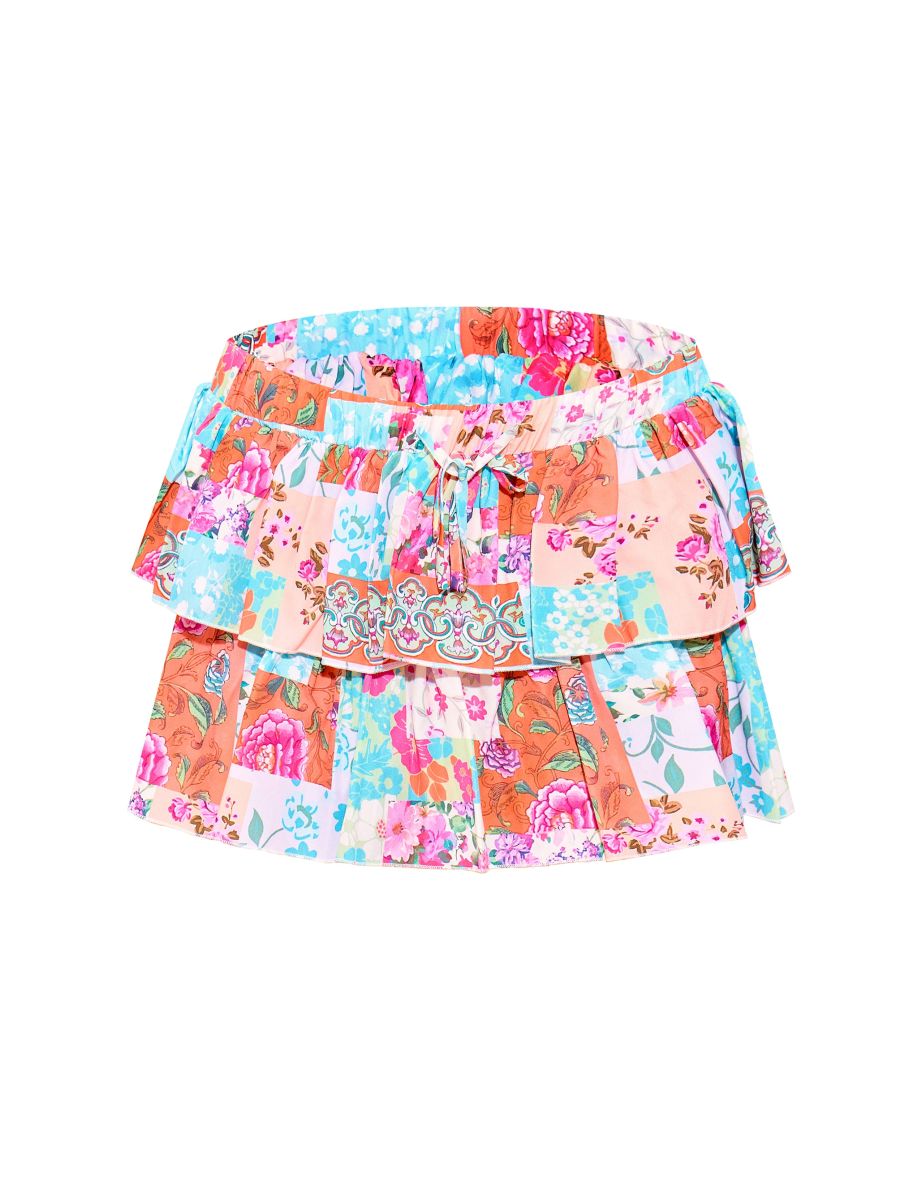Pink Patchwork Printed Tiered Frilly Mini Skirt - 5