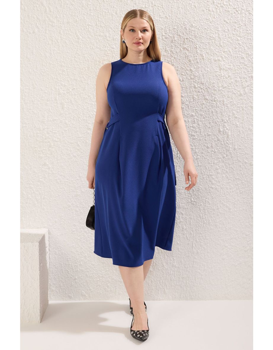 Navy Blue Waist Adjustable Accessory Midi Length Woven Plus Size Dress