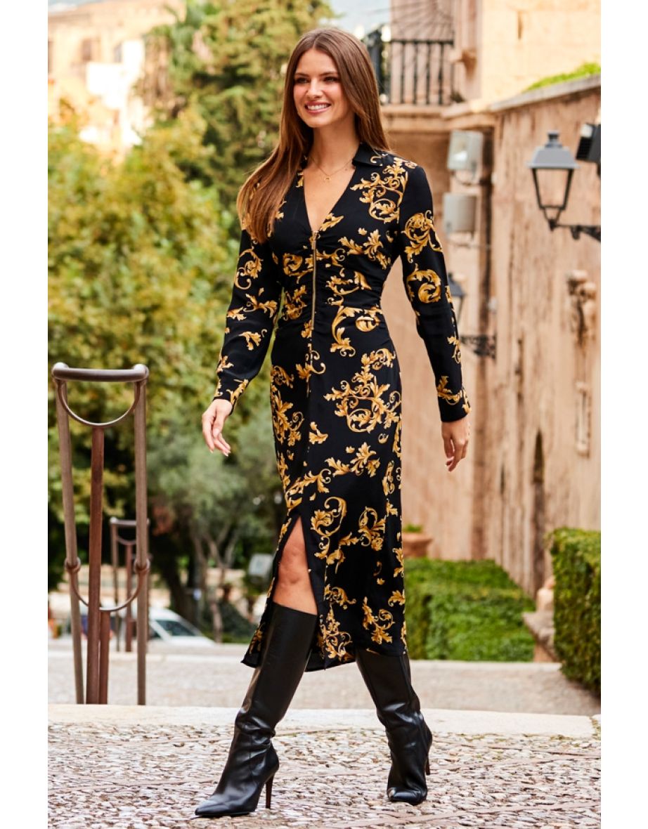 Black & Gold Baroque Print Zip Front Dress