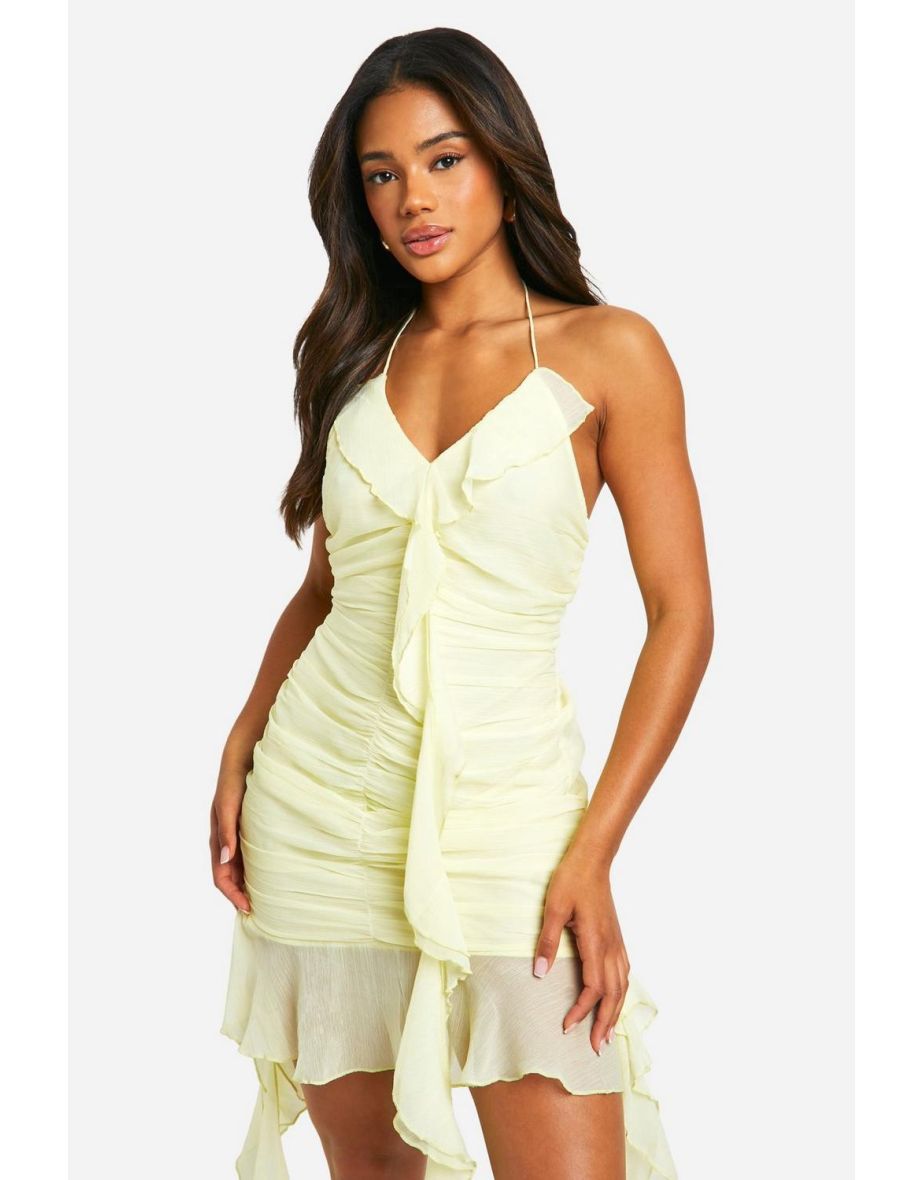Halterneck Chiffon Ruffle Mini Dress - lemon