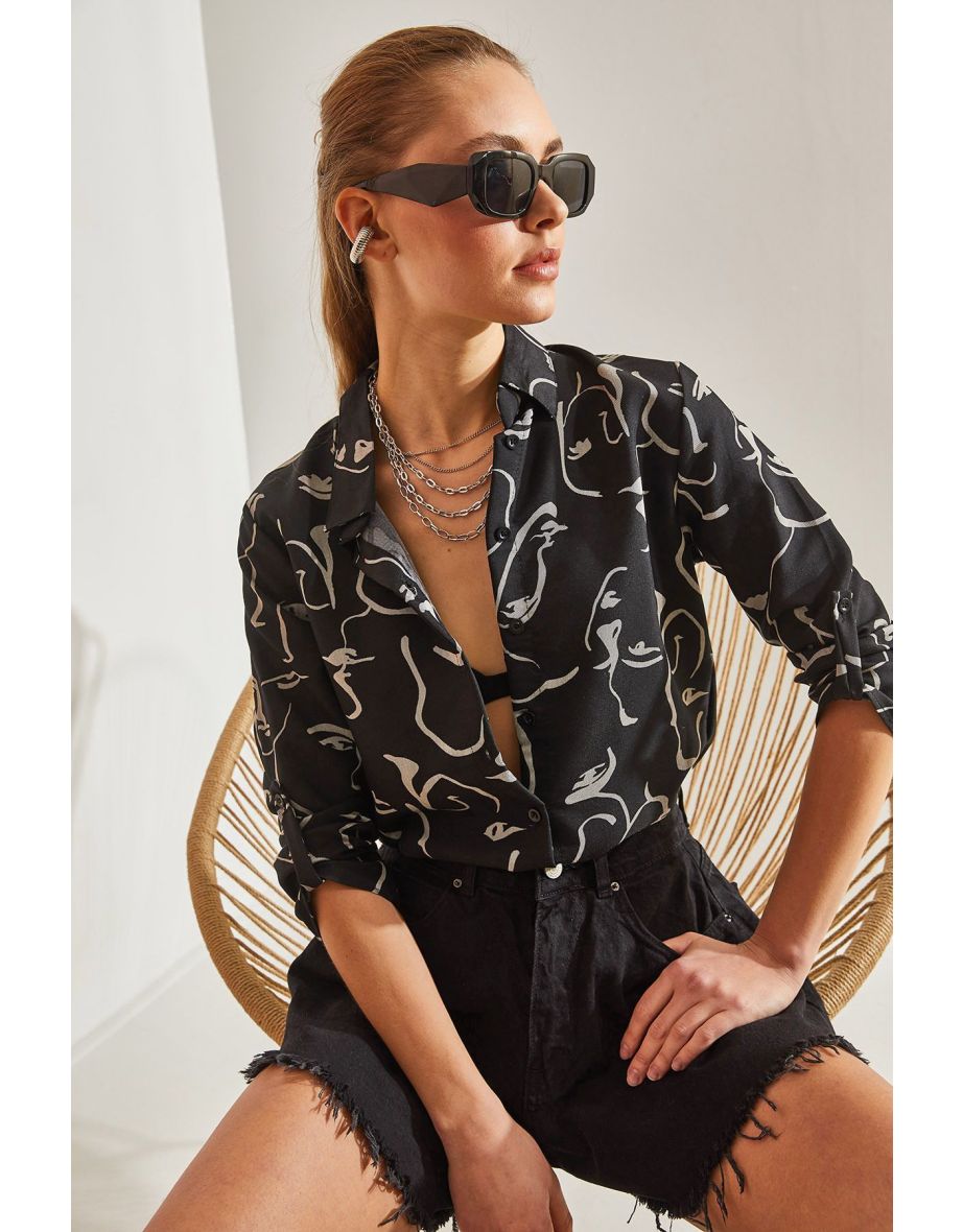 Women's Multi-patterned Shirt with Folding Sleeves