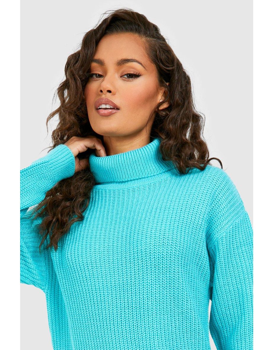 Basic Roll Neck Jumper Dress - turquoise - 3