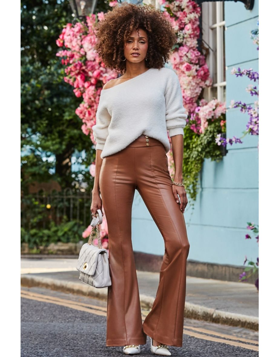 Tan Button Detail Flared Faux Leather Trousers