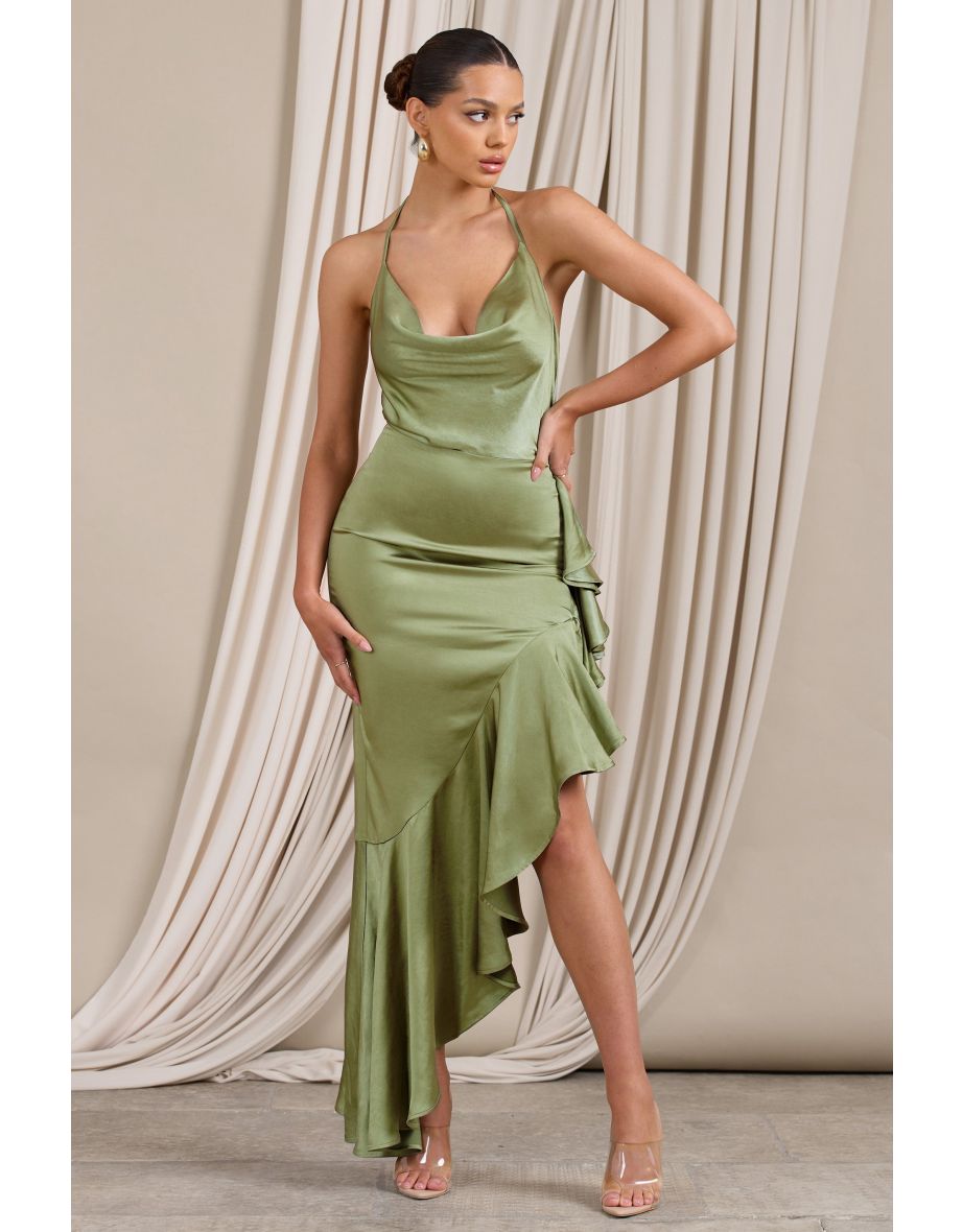 Lady Rosselini | Olive Strappy Asymmetric Ruffled Maxi Dress - 4