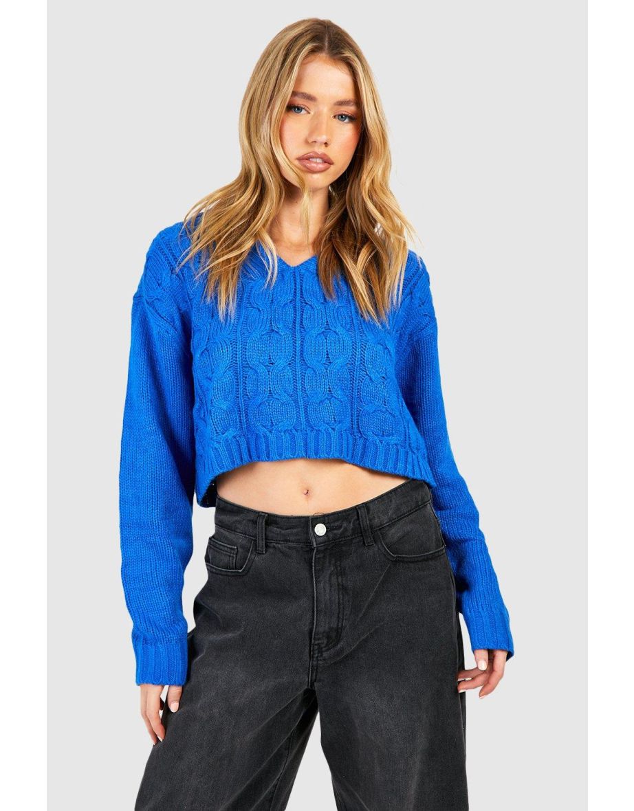 Cable Knit Hooded Crop Jumper - blue